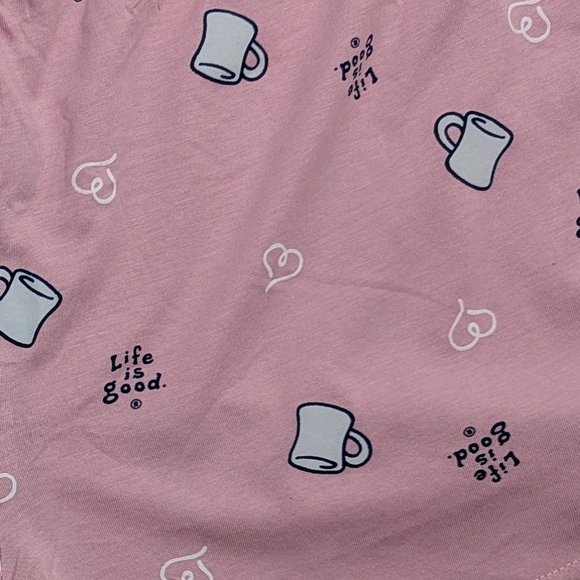 Life Is Good PJ Set Short Sleeve Top Shorts Peace & Love Coffee Grey Pink XL NWT - Picture 10 of 12